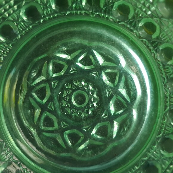 Imperial Glass Green Uranium Glass Bowl Open Lace Edge Cane Button Vintage - Picture 13 of 13